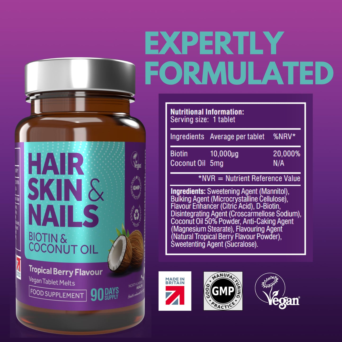 Hair, Skin & Nails - Biotin & Coconut Vegan Melts, 90 Day Supply, 10,000µg of Biotin, 5mg Coconut Oil, Hair Growth Supplement, Vitamins for Men & Women