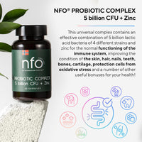 NFO Probiotic Complex 5 billion CFU + Zinc [60 Capsules] Natural High-Dose Complex of Probiotics with Zinc for the Immune System, Skin, Hair, Nails, Teeth, Bones, Made in Finland
