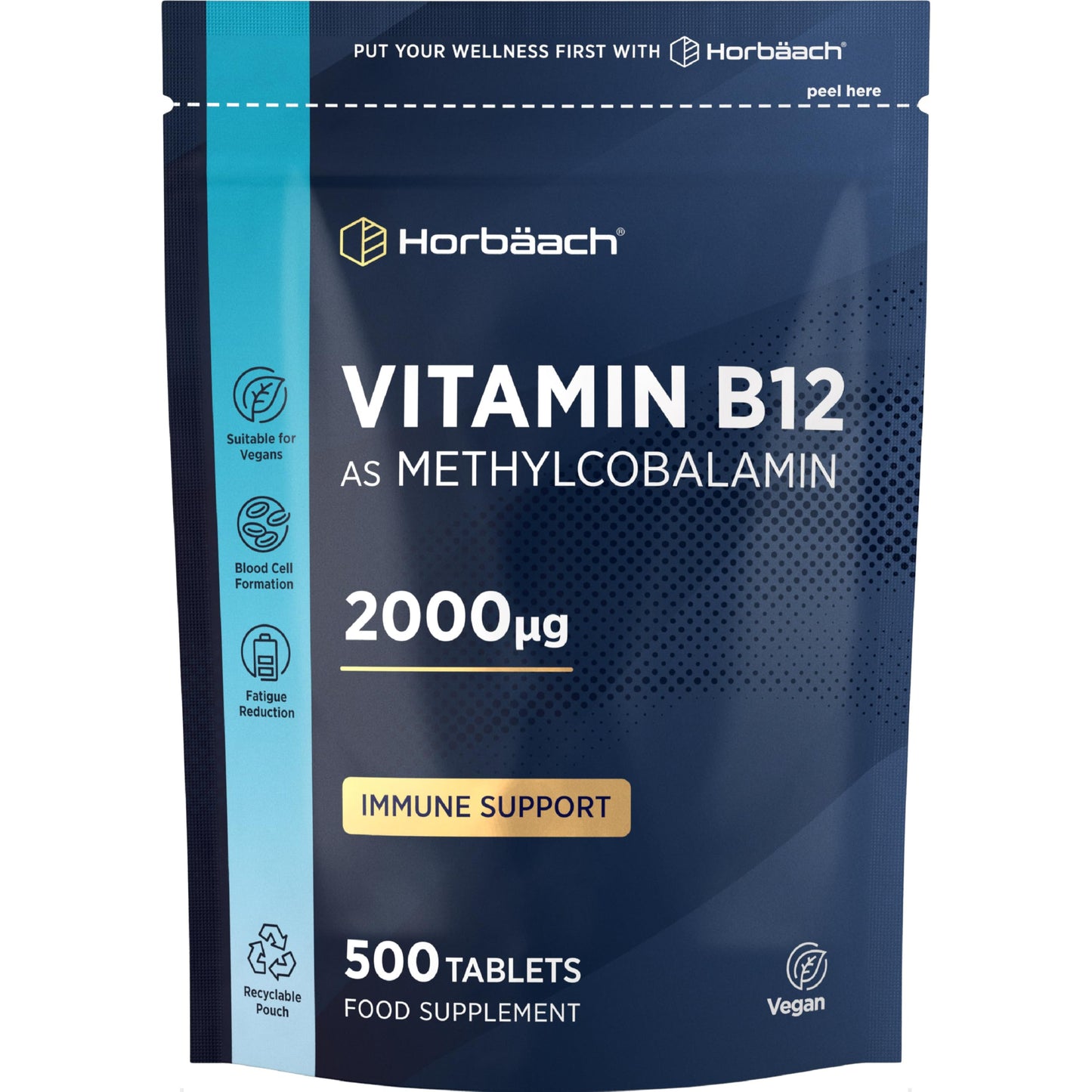 Horbäach Vitamin B12 Tablets High Strength 2000ug | 500 Vegan Tablets | Methylcobalamin | by Horbaach