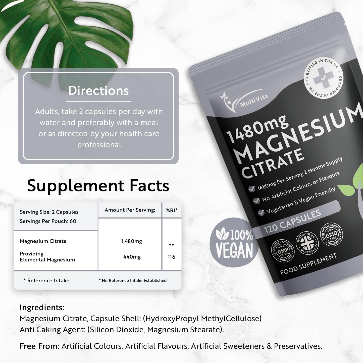 Multivita Magnesium Citrate 1,480mg 120 Vegan Capsules 2 Months Supply - Providing 440mg Elemental Magnesium Per Serving - Magnesium Capsules not Magnesium Tablets - High Strength Magnesium Supplement GMO Free