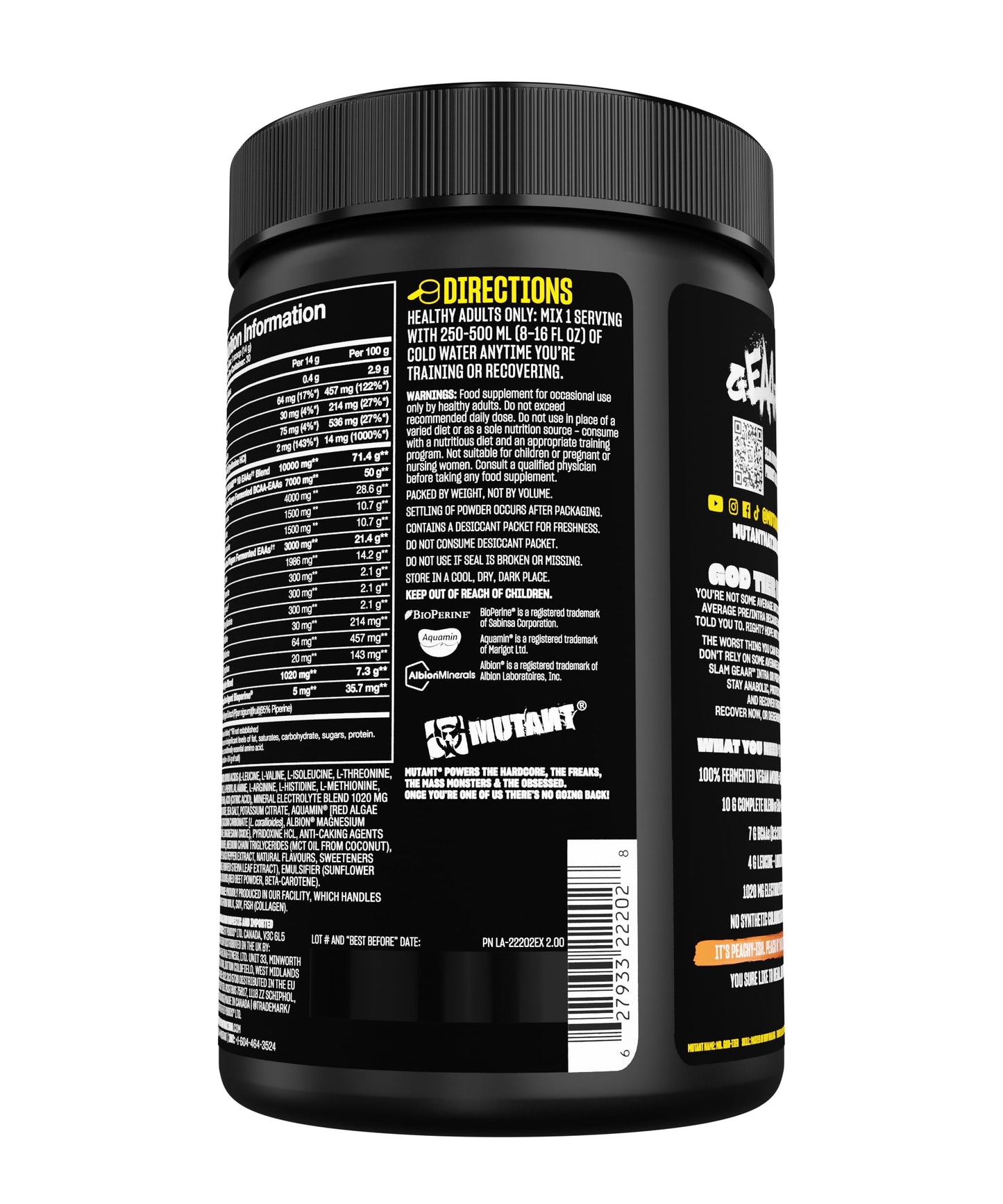 Mutant MUTANT GEAAR - Complete Essential Amino Acids | 10g EAAs + Arginine | Vegan | Electrolytes | No Synthetic Colors or Flavours | Muscle Recovery & Hydration | 420g | 30 Serves | Peach Mango