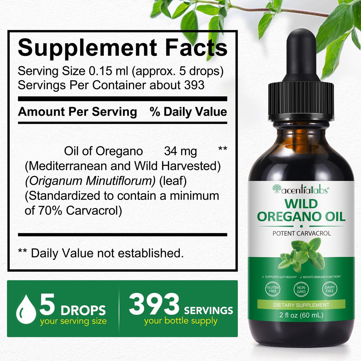 HEXIN 60ml Wild Oregano Oil Drops, with Potent Carvacrol, Mediterranean Wild Oregano Oil, Vegan Herbal Supplement for Immune and Digestive Support, Vegetarian, Non-GMO