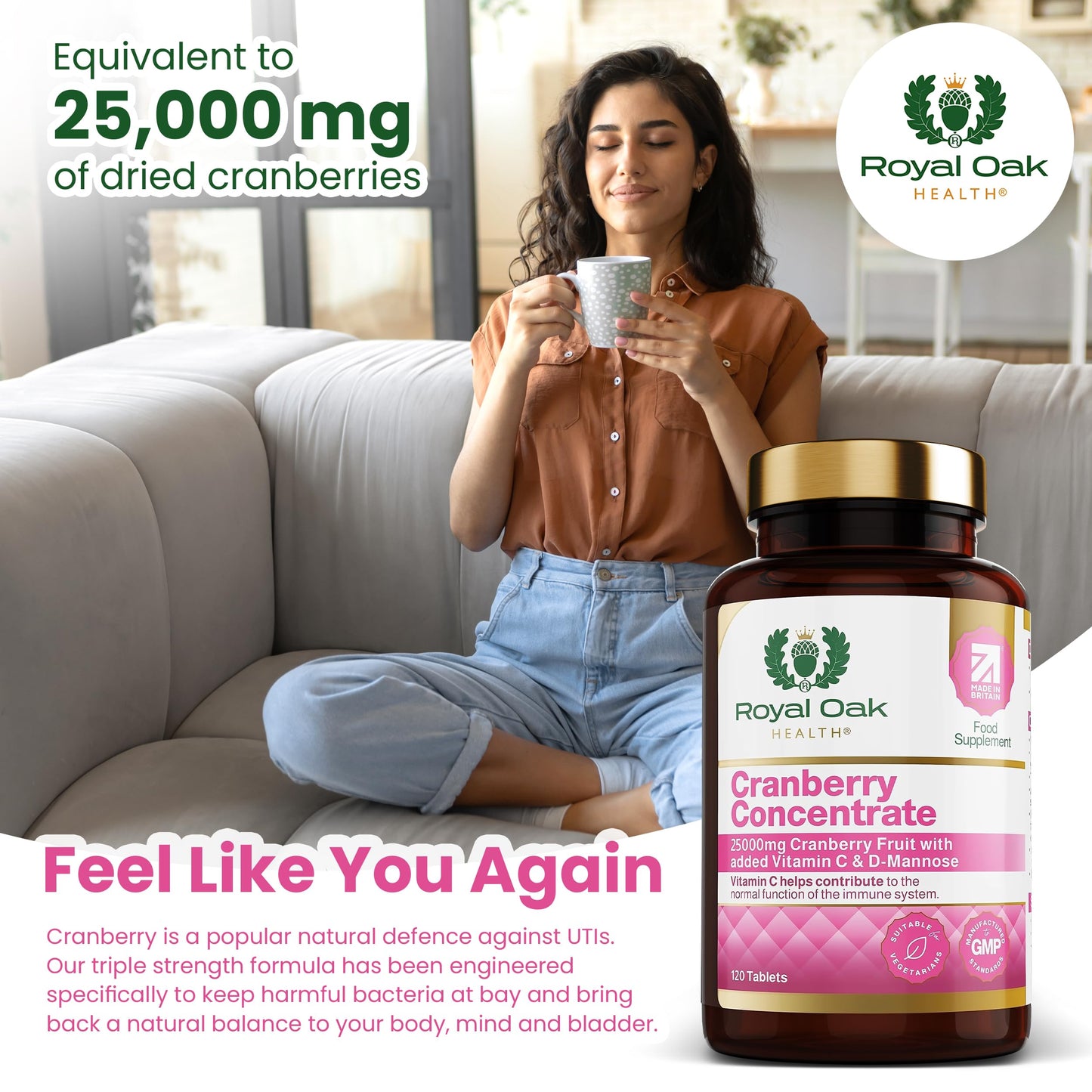 Premium Cranberry Concentrate 25,000mg with D-Mannose & Vitamin C |4 Month Supply x120 Tablets | Non-GMO, Gluten Free, Cranberries Fruit Extract Supplement for Women| UK Made by Royal Oak Health