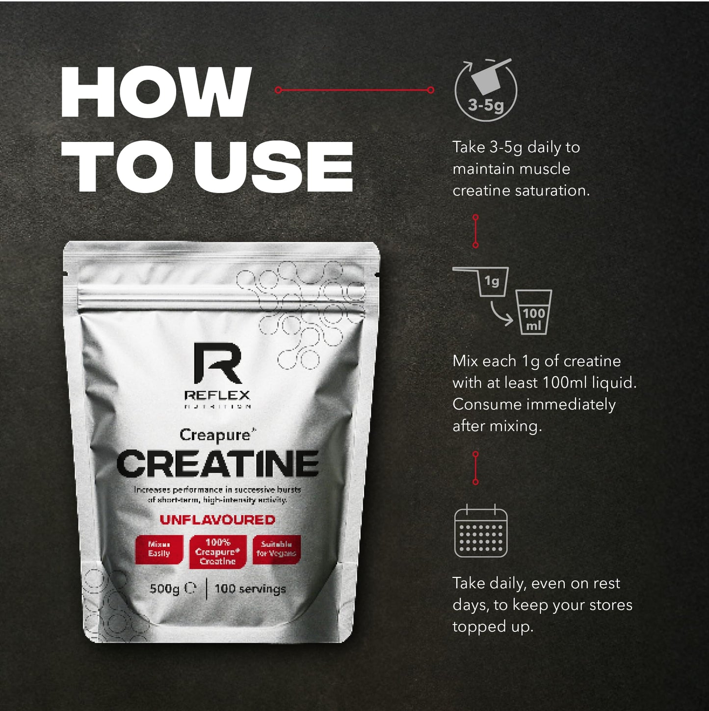 Reflex Nutrition Creapure® Creatine Monohydrate Powder Unflavoured - 100% Creatine for Strength, Muscle Gains & Recovery - No Fillers or Additives - 500g (Vegan Creatine 5g per Serving, 100 Servings)