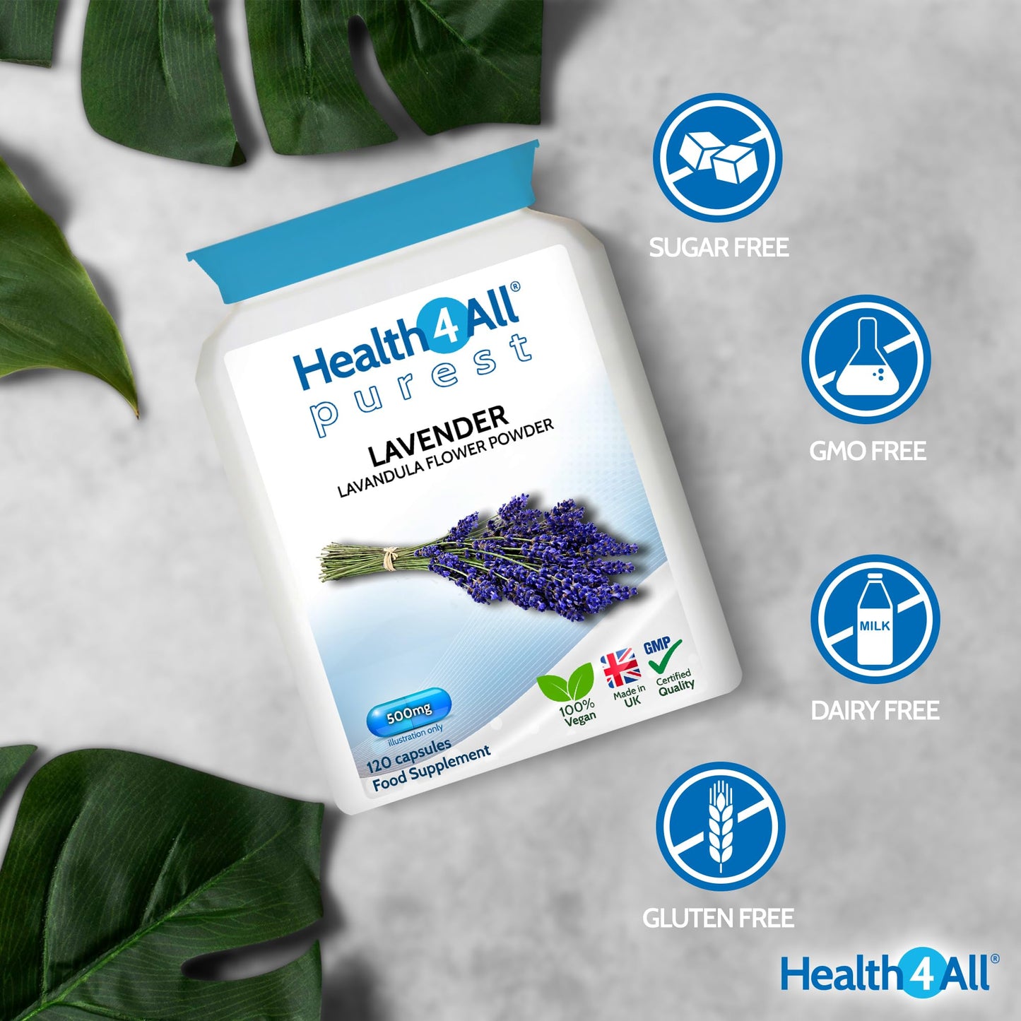 Health4All Lavender 500mg 120 Capsules 4 Month Supply, Purest - no additives. Vegan Lavandula Flower Capsules (not Tablets or Oil) Supplement for Anxiety, Relaxation and Sleep Support | Made in UK