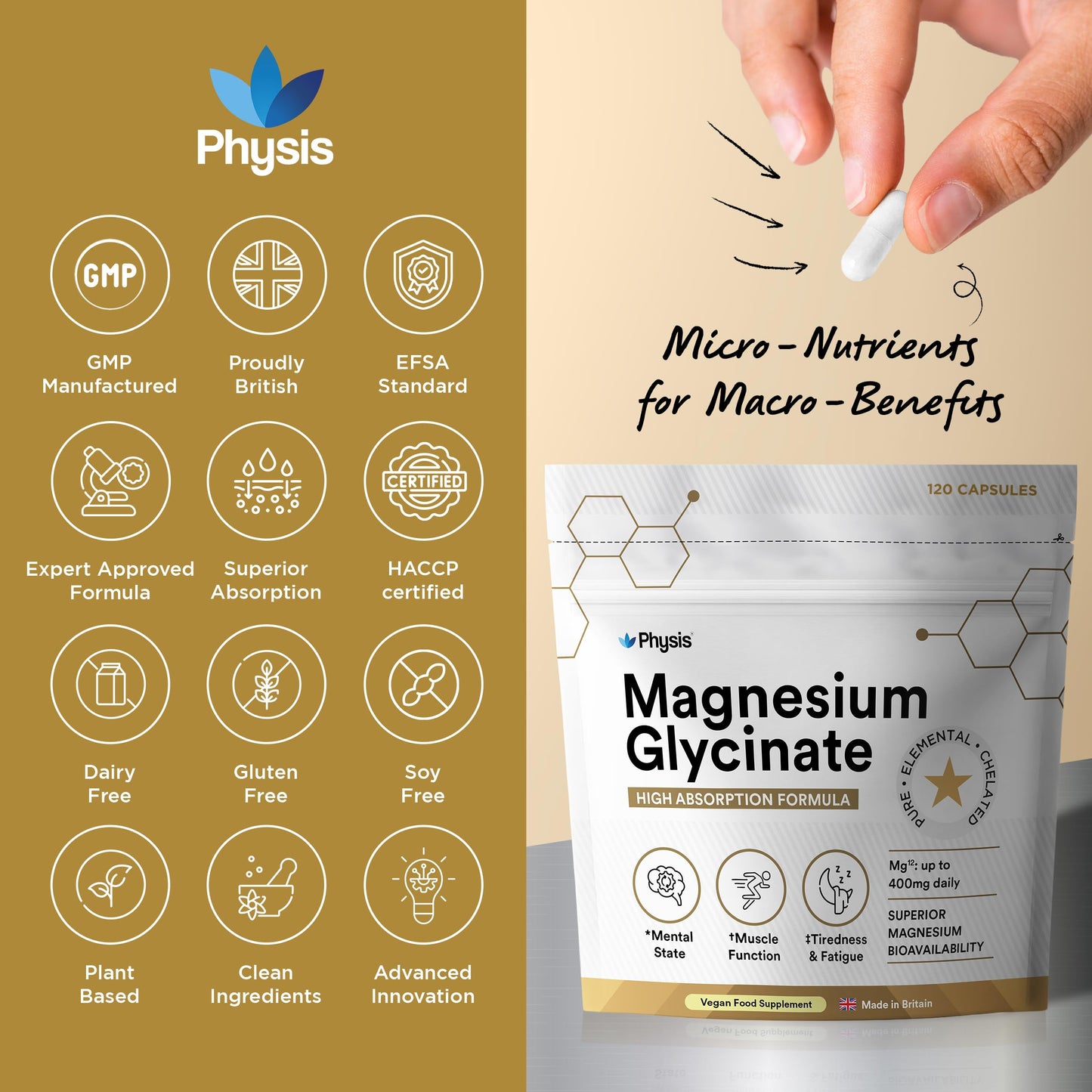 Physis Magnesium Glycinate 400mg | High Strength Elemental for Sleep, Mind & Muscle | Vegan Chelated Magnesium Bisglycinate | Bioavailable | Non-Laxative Natural Mineral | 120 x Magnesium Capsules