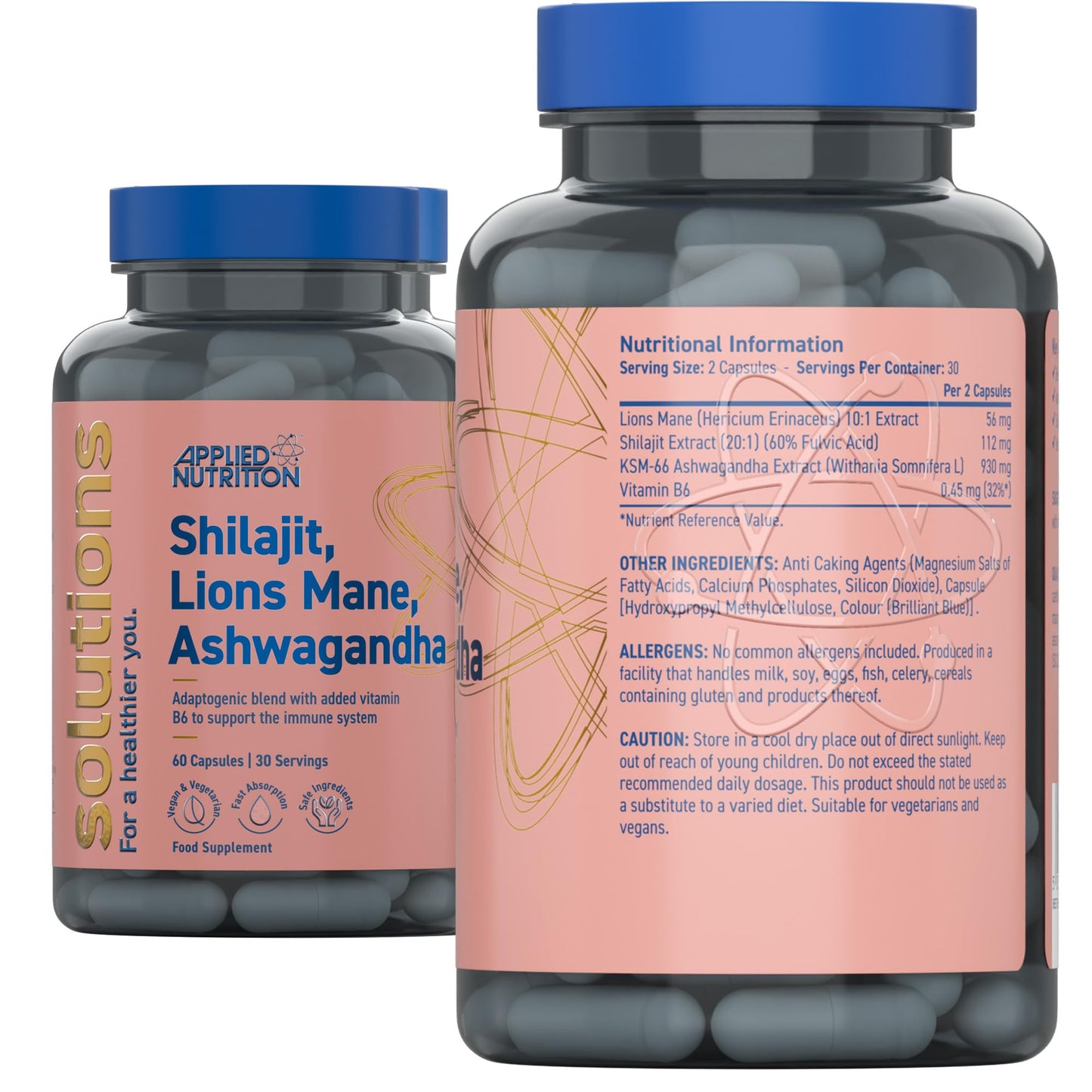 Applied Nutrition - Solutions - Shilajit, Lion’s Mane & Ashwagandha - High Strength Nootropic & Adaptogen Blend - Mental Clarity, Stress & Energy Support - 60 Capsules - 30 Servings