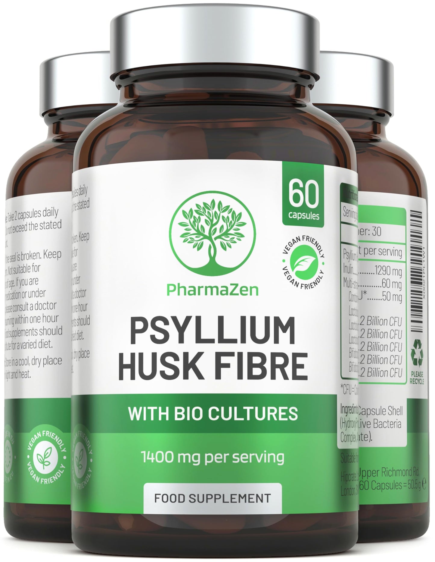 PharmaZen Psyllium Husk Capsules with Probiotics - Fibre Supplement Complex 1400mg - 60 Capsules - 6 Billion Probiotics 5 Strains
