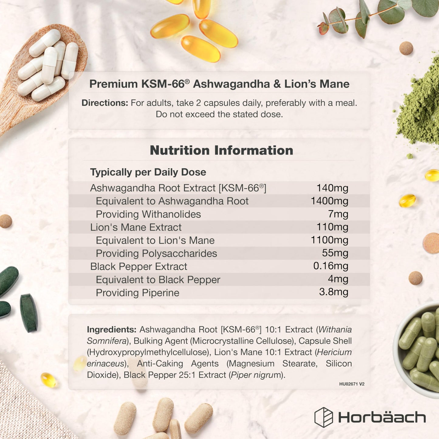 Horbäach Ashwagandha KSM-66 and Lion's Mane 2500mg Capsules | KSM-66 Ashwagandha Root Extract & Lion's Mane Mushroom Extract, Enhanced with Black Pepper | 120 Vegan Capsules | Horbaach