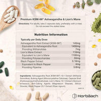 Horbäach Ashwagandha KSM-66 and Lion's Mane 2500mg Capsules | KSM-66 Ashwagandha Root Extract & Lion's Mane Mushroom Extract, Enhanced with Black Pepper | 120 Vegan Capsules | Horbaach