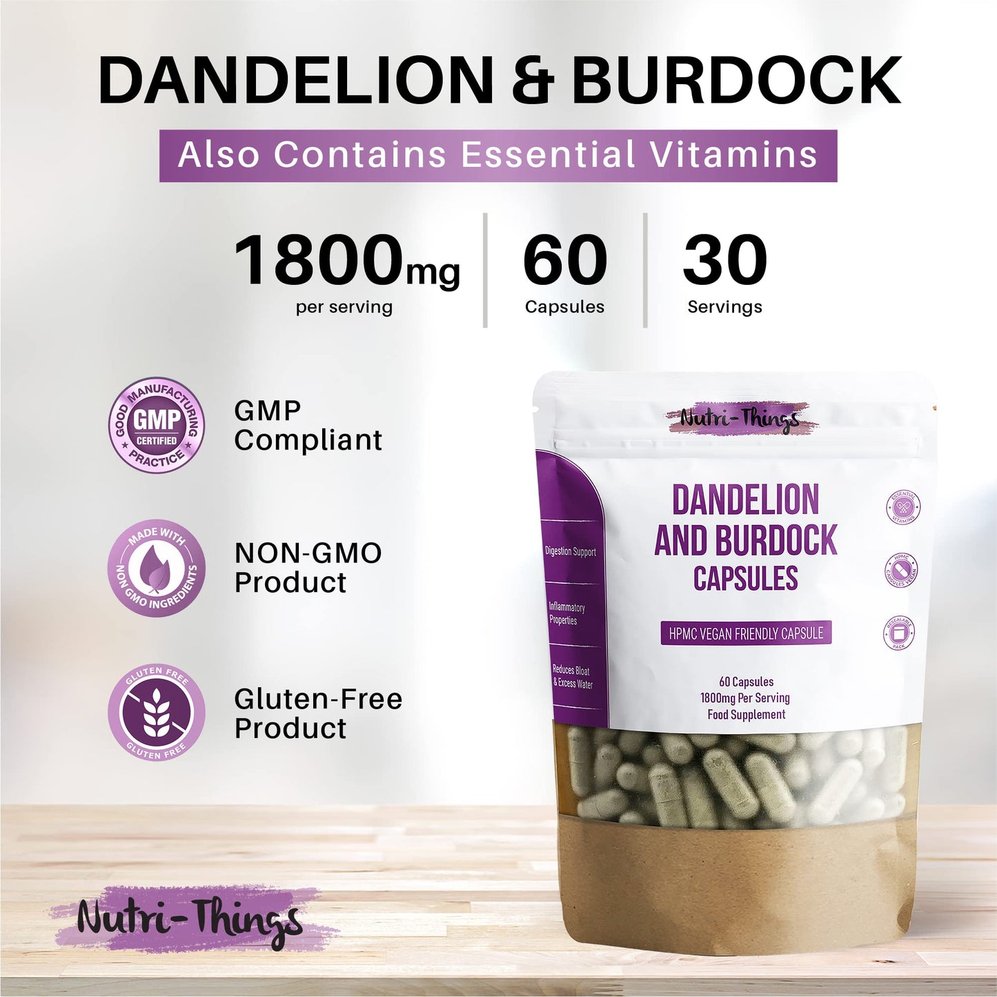 Dandelion and Burdock Root Capsules | 1800mg Per Serving | 60 Capsules