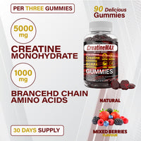 Creatine MAX 90 Gummies 5000mg Creatine Monohydrate, 1000mg BCAAs per serving - Chewable Vegan Sugar Free Gummies, Mixed Berry Flavour (1 month supply)
