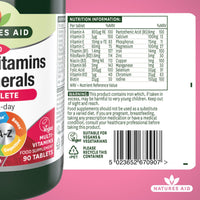 Natures Aid Multivitamins & Minerals – One-a-Day High Potency Daily Multi-Vitamin Supplement inc. B12 & Zinc – Supports Energy, Bones, Immunity, Hair, Nails – Vegan, Non-GMO, Gluten-Free – 90 Tablets