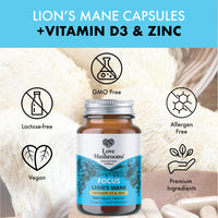 Love Mushrooms – Lion’s Mane Plus Vitamin D3 & Zinc Capsules | Cognitive Support, Immunity Boost, Energy & Vitality | 30 Capsules, Vegan, Made in UK