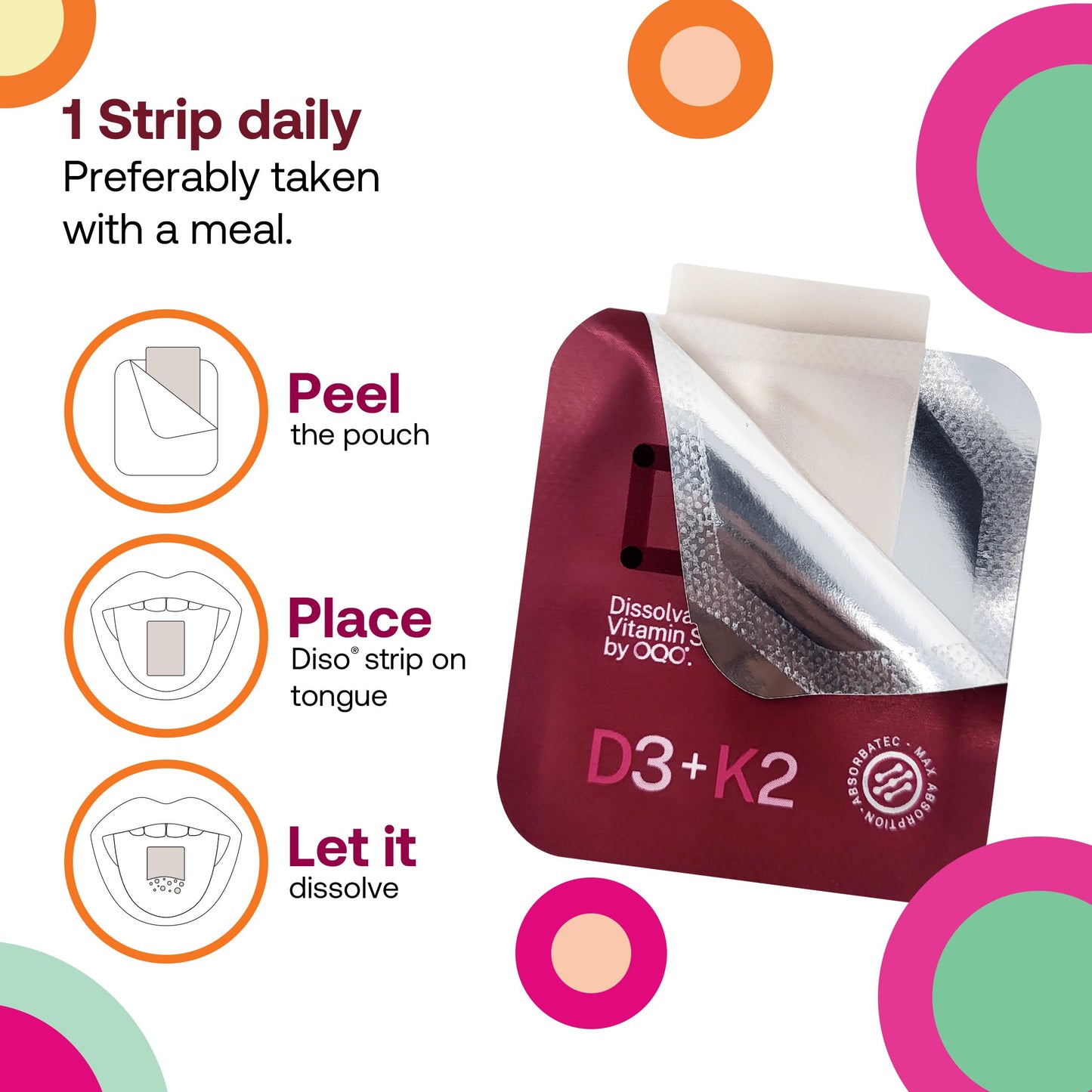 OQO Diso Vitamin D3 K2 - Tin of 30 Oral Dissolvable Strips, Vitamin D3 (10mcg) and K2 (75mcg), High Strength Bone Health Supplement with Fast Absorption Calcium, Gluten-Free (Raspberry)