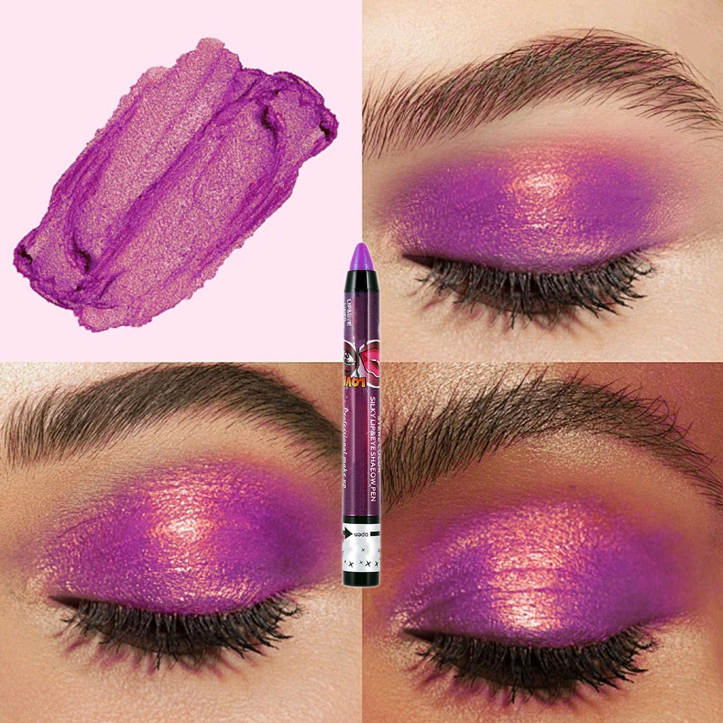 LYNTYAOU Bright Purple Shimmer Eyeshadow Stick, Pink Pearl Cream Eye Shadow Pen, Mermaid Glitter Color Crayon Eyeshadows Pencil, Pearlescent High Pigmented Eyeliner, Smooth for Eyes Makeup