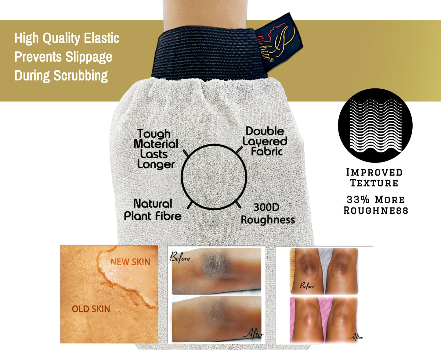 Al Hoor GENUINE Moroccan Kessa Body Exfoliating Mitt Glove - Premium Quality Exfoliating Mitt For Dead Skin And Fake Tan Removal (WHITE)