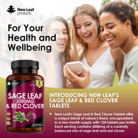 NEW LEAF PRODUCTS Sage Leaf & Red Clover Tablets for Menopause - 3000mg High Strength Perimenopause Supplements with Sage Leaf and Red Clover Menopause Supplements - Vegan Sage 120 Tablets Made in UK by New Leaf