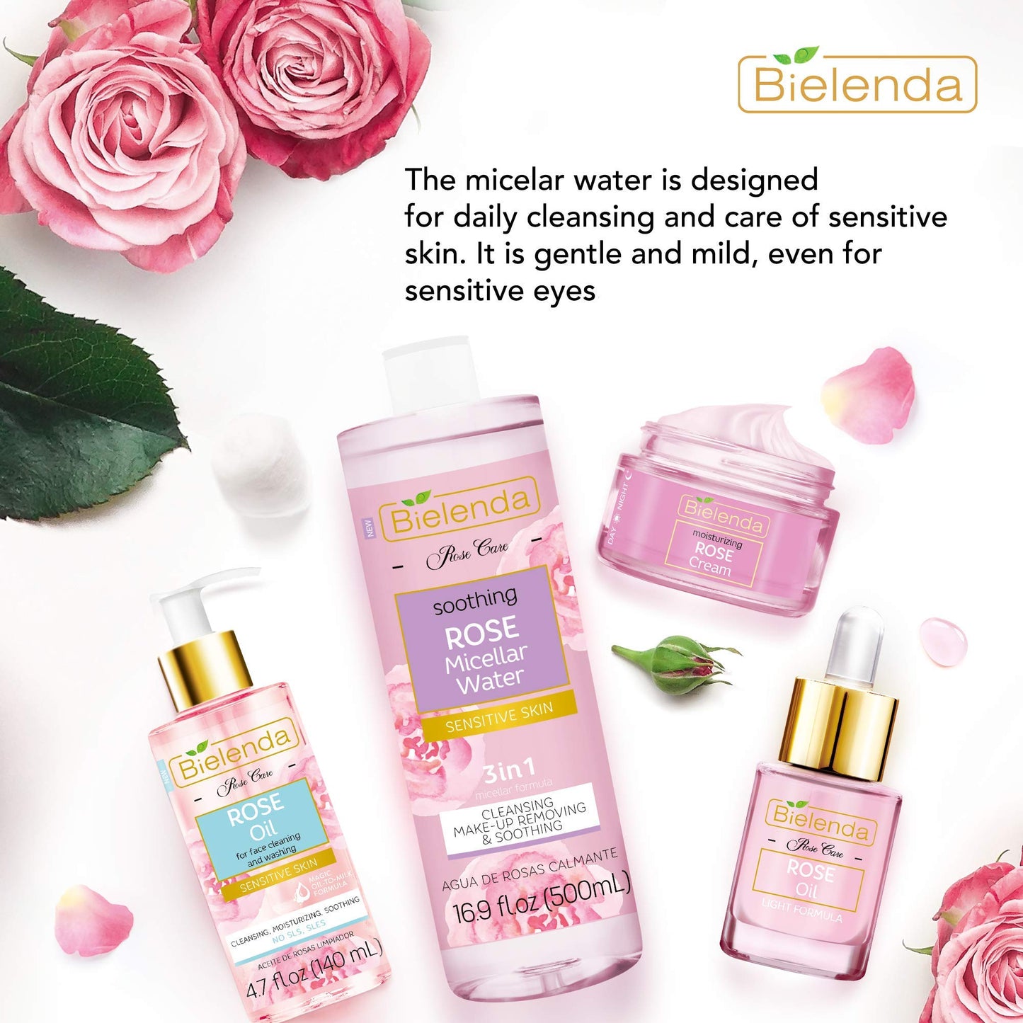 Bielenda Rose Care - Gently But Effectively Cleanses And Refreshes The Skin, Instantly Removes Make Up - Tones, Soothes, Provides Skin Softness And Comfort - Rose Care Micelar Water - 500 ml