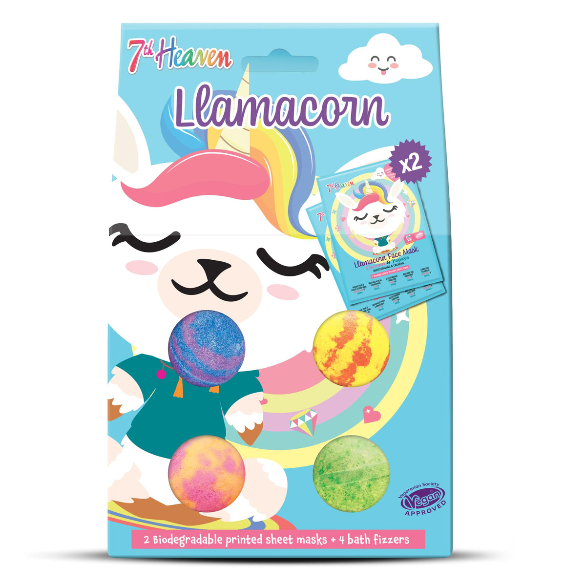 7th Heaven Llamacorn Bath Set (Contains 2 Biodegradable Printed Sheet Masks & 4 Bath Fizzers for Kids). Soothing Kids Face Masks Age 12+, Fun Bath Bomb Set - Genuine 7th Heaven Face Masks Skincare
