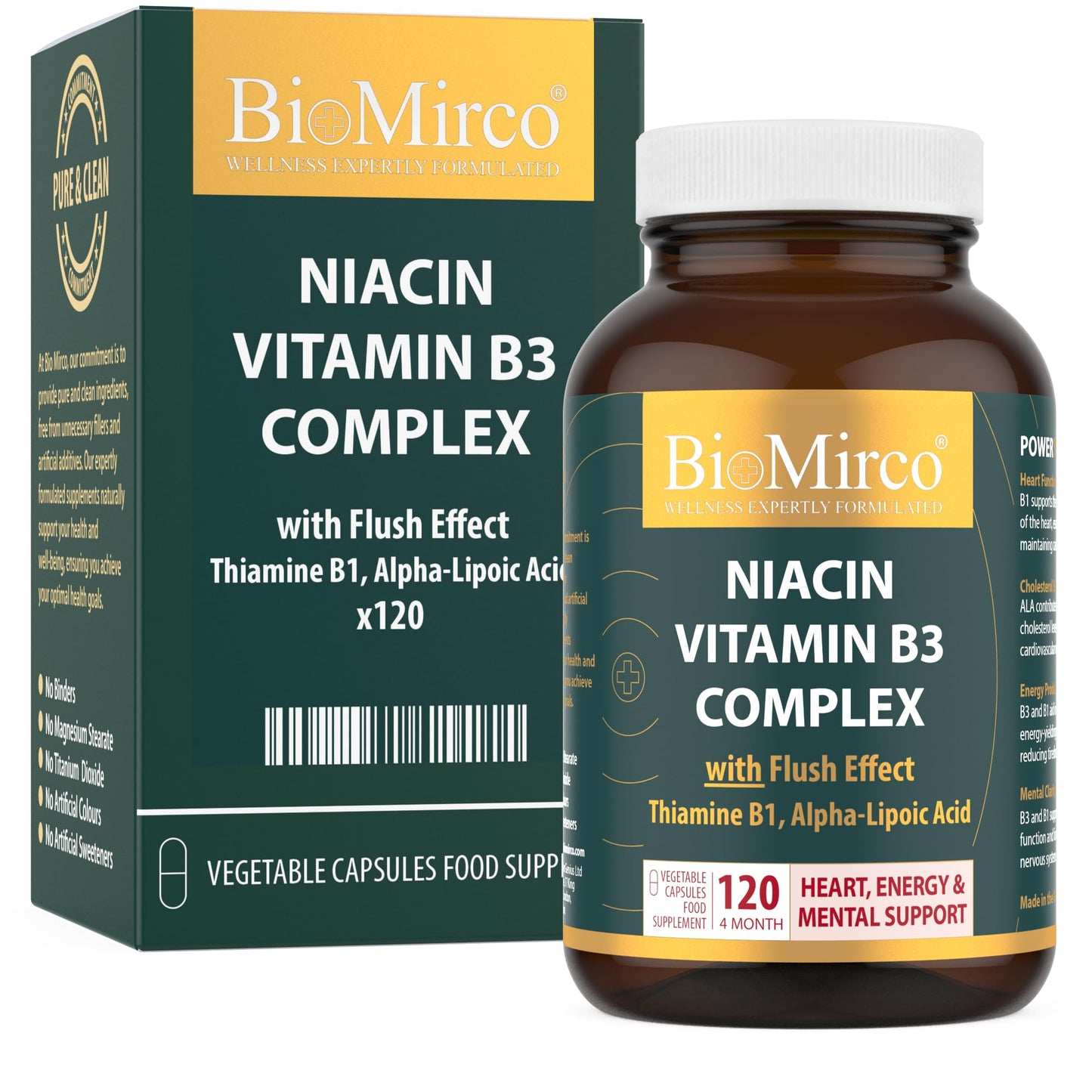 Bio Mirco Niacin Vitamin B3 Complex, with Flush Effect, 120 Premium Capsules, Cognitive Function, Potent Dose, Made in The UK