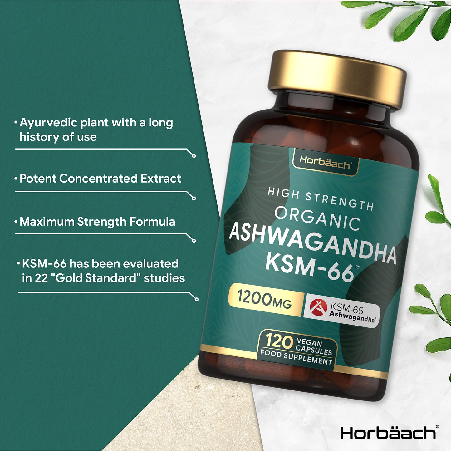 Organic Ashwagandha KSM-66 1200mg | 120 Count | Vegan Powder Capsule Supplement | by Horbaach