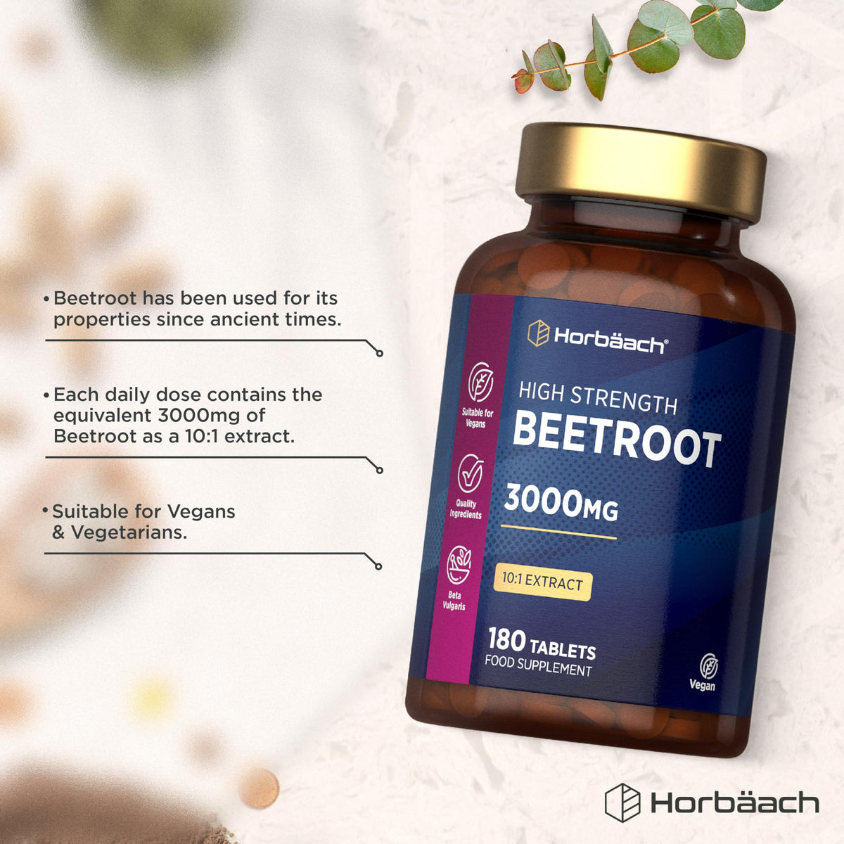 Horbäach Beetroot Tablets 3000mg | High Strength Beetroot Supplement | 180 Vegan Tablets (3 Months Supply) | Nitric Oxide | by Horbaach