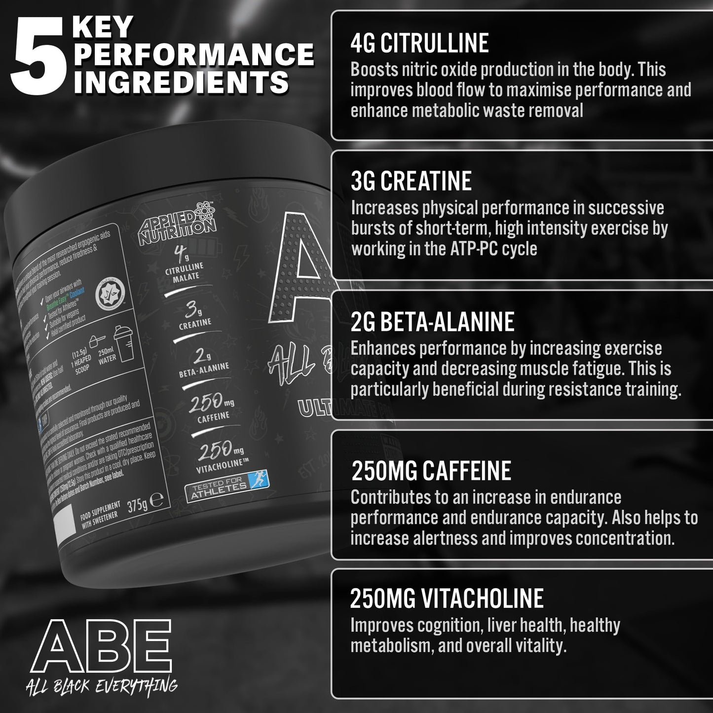Applied Nutrition Bundle ABE Pre Workout 375g + JUG 2.5 LT Matt Black | All Black Everything Pre Workout Powder, Energy & Physical Performance with Creatine, Beta Alanine (Energy Flavour)