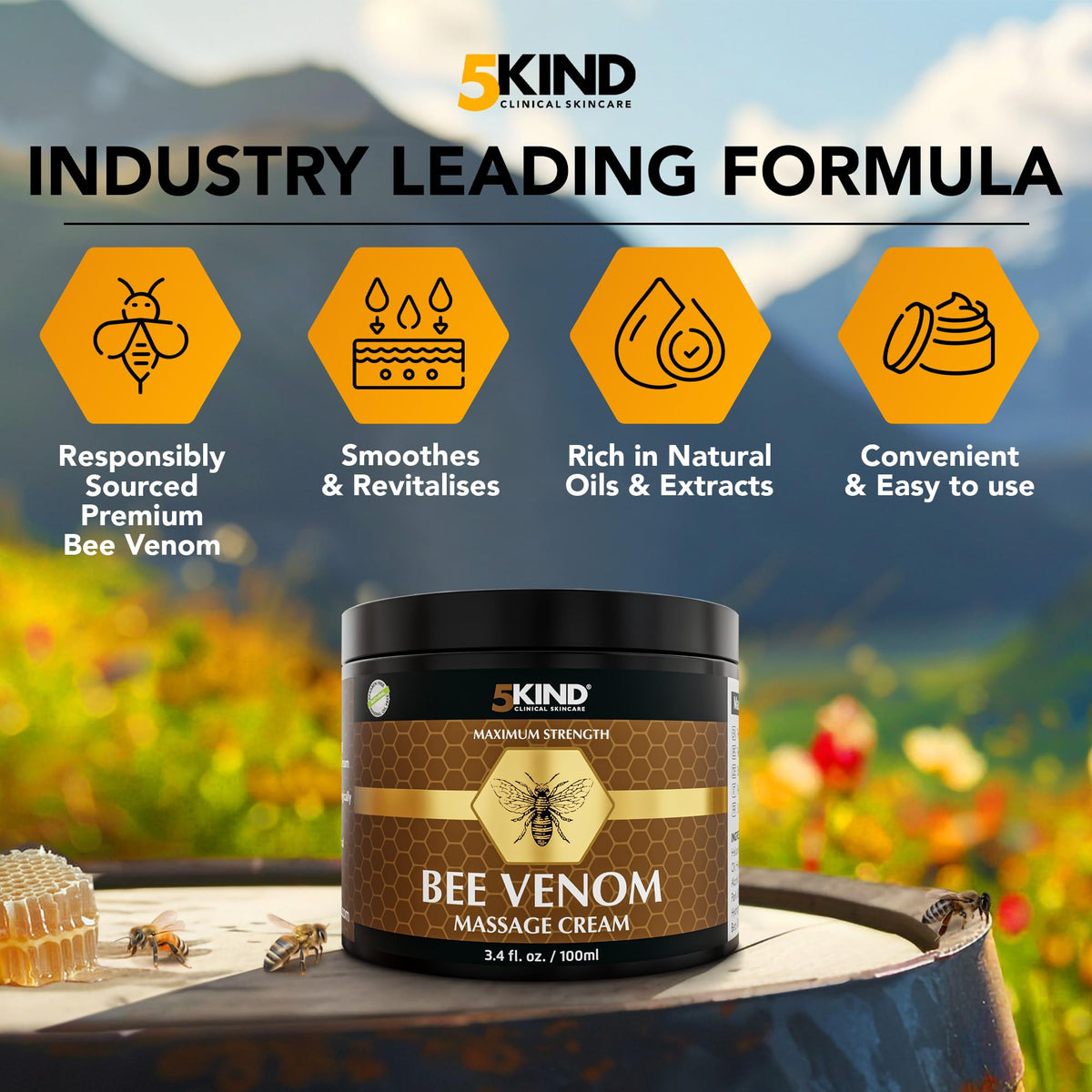 5KIND CLINICAL SKINCARE 5kind Bee Venom Cream UK Maximum Strength 100ml - Bee Venom Comprehensive Cream - Naturally Massage Joints & Muscles, Lower Back, Knee, Neck, Shoulder, Hip & Feet - Responsibly Sourced