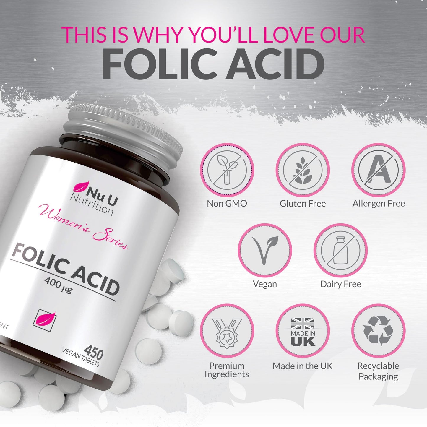 Folic Acid 400 mcg - 450 Vegan Tablets - 15 Month Supply - High Strength Pregnancy Vitamins for Women - Vitamin B9 Supports Maternal Tissue Growth During Pregnancy - Prenatal Vitamins