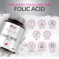 Folic Acid 400 mcg - 450 Vegan Tablets - 15 Month Supply - High Strength Pregnancy Vitamins for Women - Vitamin B9 Supports Maternal Tissue Growth During Pregnancy - Prenatal Vitamins
