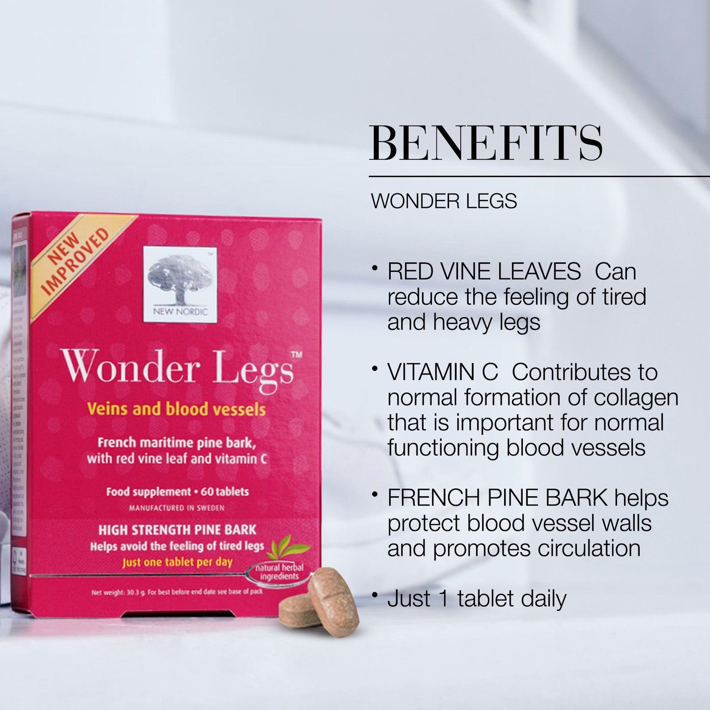 New Nordic Ltd New Nordic Wonder Legs, High-Strength Pine Bark & Red Vine Leaf Extract with Vitamin C, Supports Normal Circulation & Vein Function, 60 Vegan Tablets