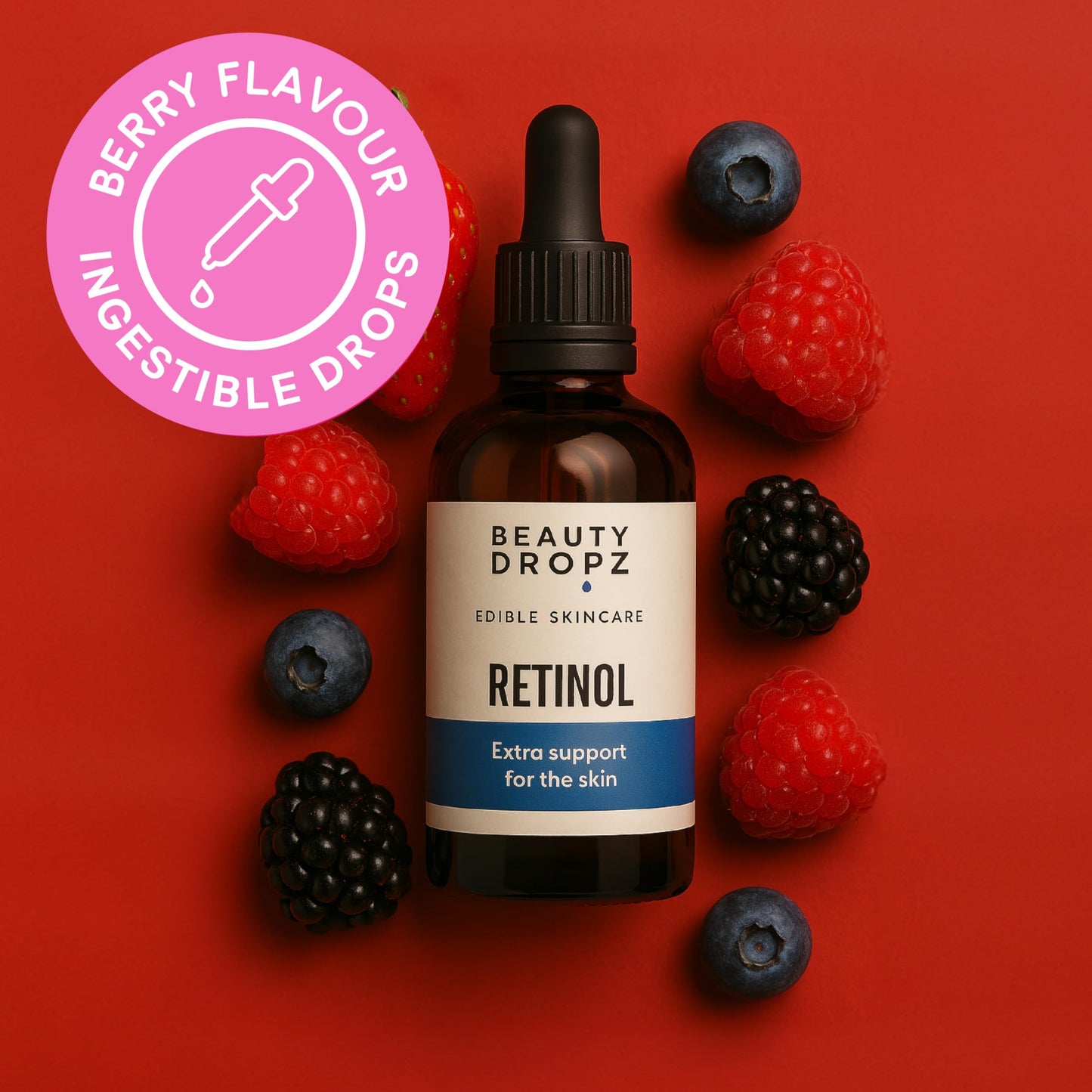 Beauty Dropz Retinol Oral Skin Care Drops – Fine Line Reduction – Vitamin A (Retinyl) – Youthful Glow – Vitamin E/Vegan Liquid Supplement for Radiant Skin – Berry Flavour – 60ml