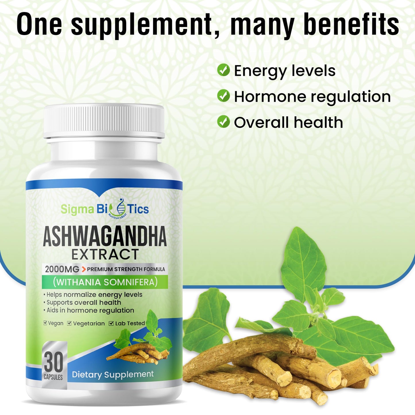 SigmaBiotics Ashwagandha Extract Tablets - Premium Strength Formula - Supports Energy, Overall Health, and Hormone Regulation - Vegan and Gluten Free - 30 Tablets