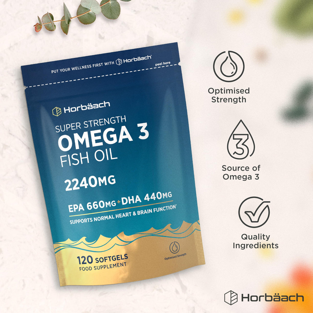 Horbäach Omega 3 Capsules High Strength 2240mg with 660mg of EPA and 440mg of DHA | 120 Softgels | Natural Source of Omega 3 Fish Oil | By Horbaach