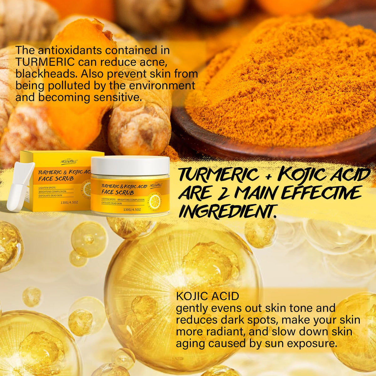 POP MODERN.C Turmeric and Kojic Acid Face Scrub, Vitamin C Skin Brightening Facial Exfoliator for Dry Oily Skin, Gently Remove Acne Dark Spot Blackheads, Lighten Hyperpigmentation, Smooth and Radiant Skin 130g