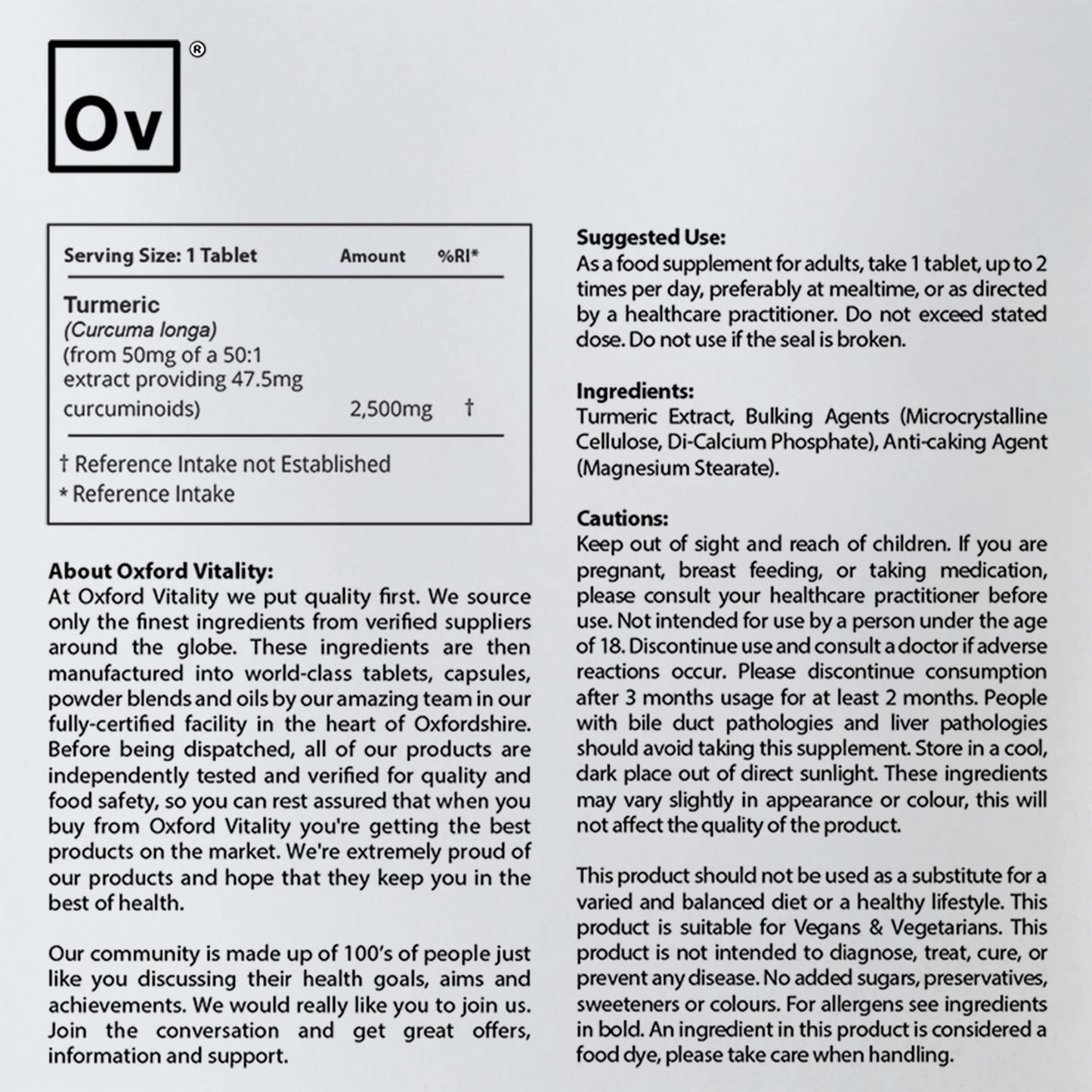 Ov OXFORD VITALITY Turmeric Tablets | High Strength 2,500mg | 95% Curcumin Supplement | for Inflammation Digestive Health & Joint Support | Made in The UK - Oxford Vitality