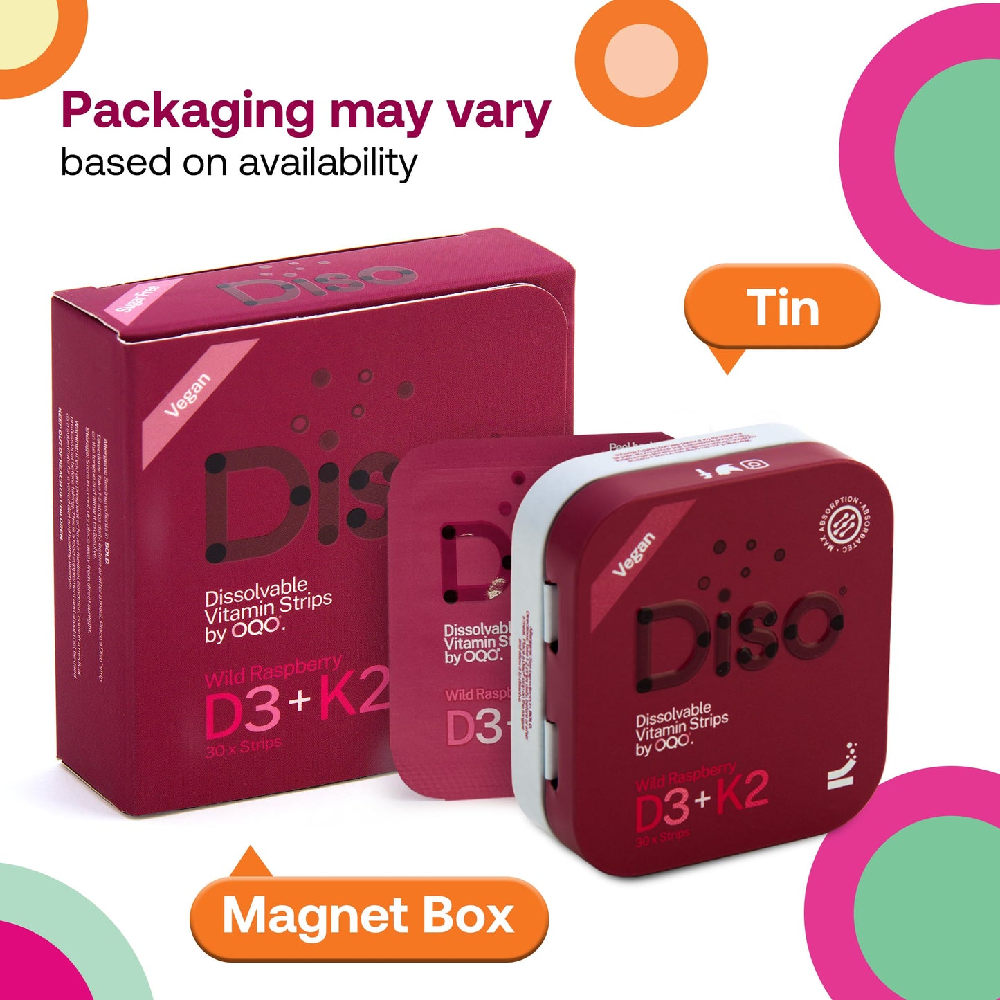 OQO Diso Vitamin D3 K2 - Tin of 30 Oral Dissolvable Strips, Vitamin D3 (10mcg) and K2 (75mcg), High Strength Bone Health Supplement with Fast Absorption Calcium, Gluten-Free (Raspberry)