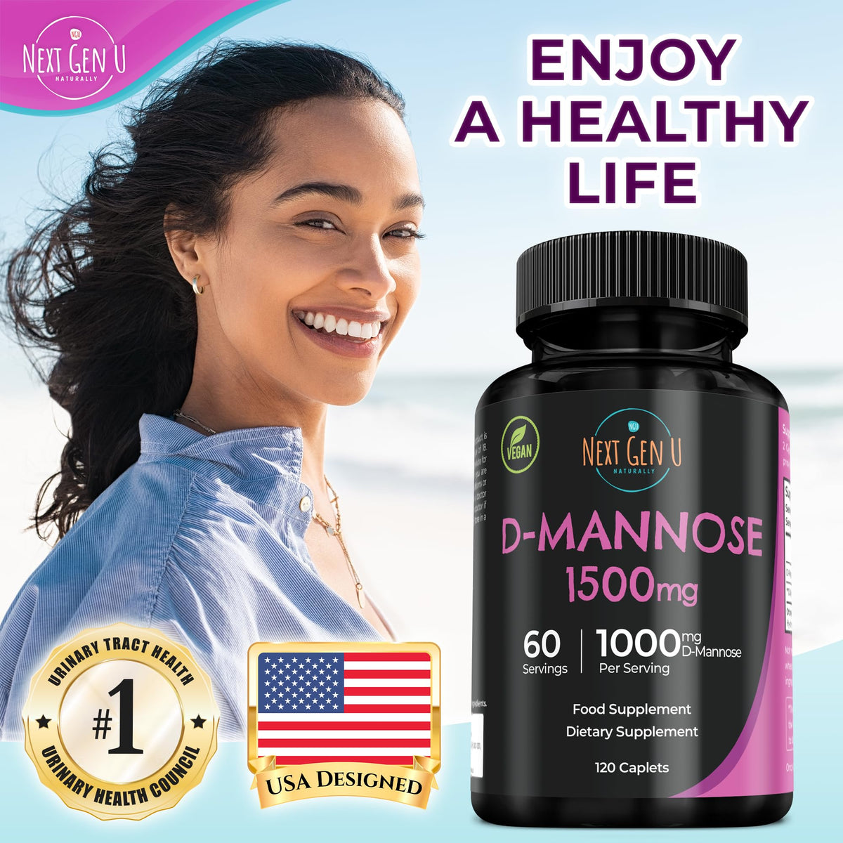 NGU Next Gen U D Mannose - 1500 mg - Health Food Supplement - 120 Vegan Caplets - Helps Support a Healthy Urinary Tract & Bladder - by NextGenU