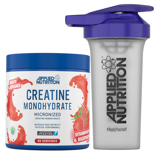 Applied Nutrition Creatine + 700ml Shaker | Creatine Monohydrate Micronized Powder with Flavour, Increases High-Intensity Physical Performance (250g - 50 Servings) (Strawberry & Raspberry)