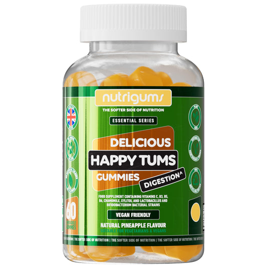Nutrigums Happy Tums Probiotic Complex Gummy | 1.125 Billion CFU Triple Strain Probiotics, Vitamin C, B3, B5, B6 & Chamomile 1000mg | Pineapple Flavour | 60 Vegan Gummies | Gut & Digestive Health by NUTRIGUMS®