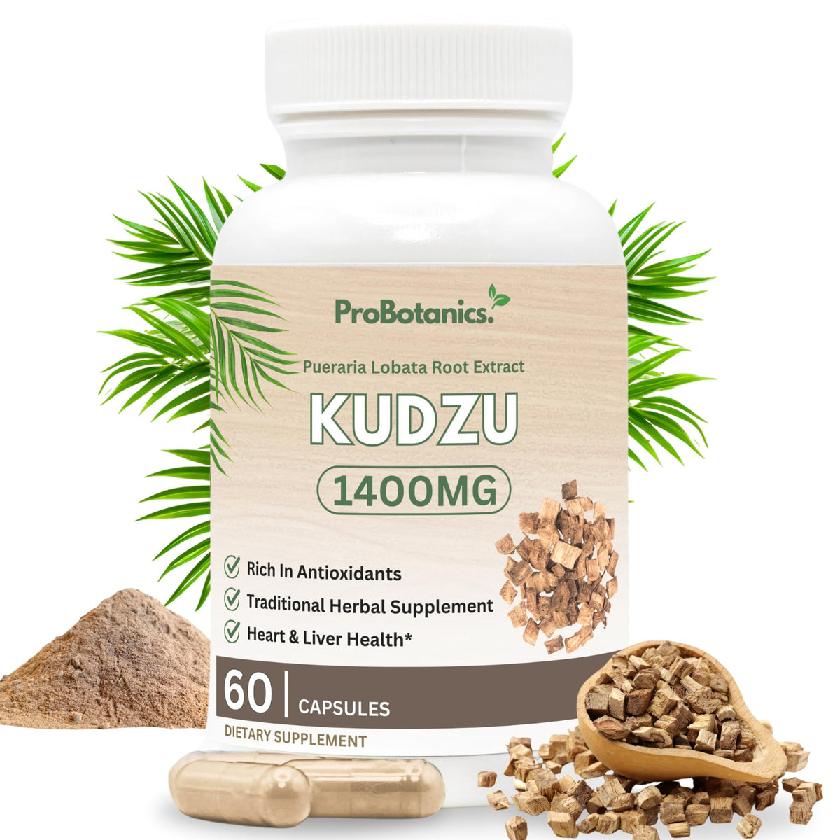 ProBotanics Kudzu Root Capsules 1400mg | High Strength 40% Isoflavones | Alcohol Craving Support, Liver Cleanse Detox, Enhanced Anti-Inflammatory | Organic Natural Health Booster