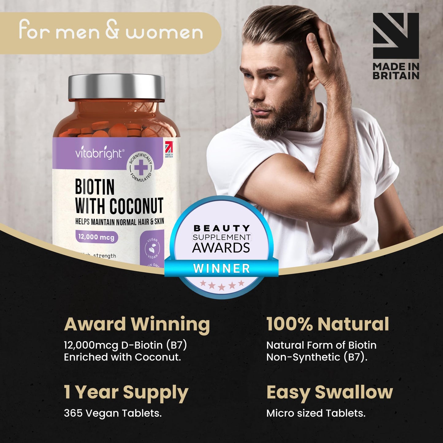 Biotin Hair Growth Vitamins, 12000 mcg Biotin Tablets, 365 Vegan Biotin Tablets, Support Hair Growth, Hair Skin & Nails Vitamins for Hair Loss for Women & Men, VitaBright Biotin Supplements + Coconut