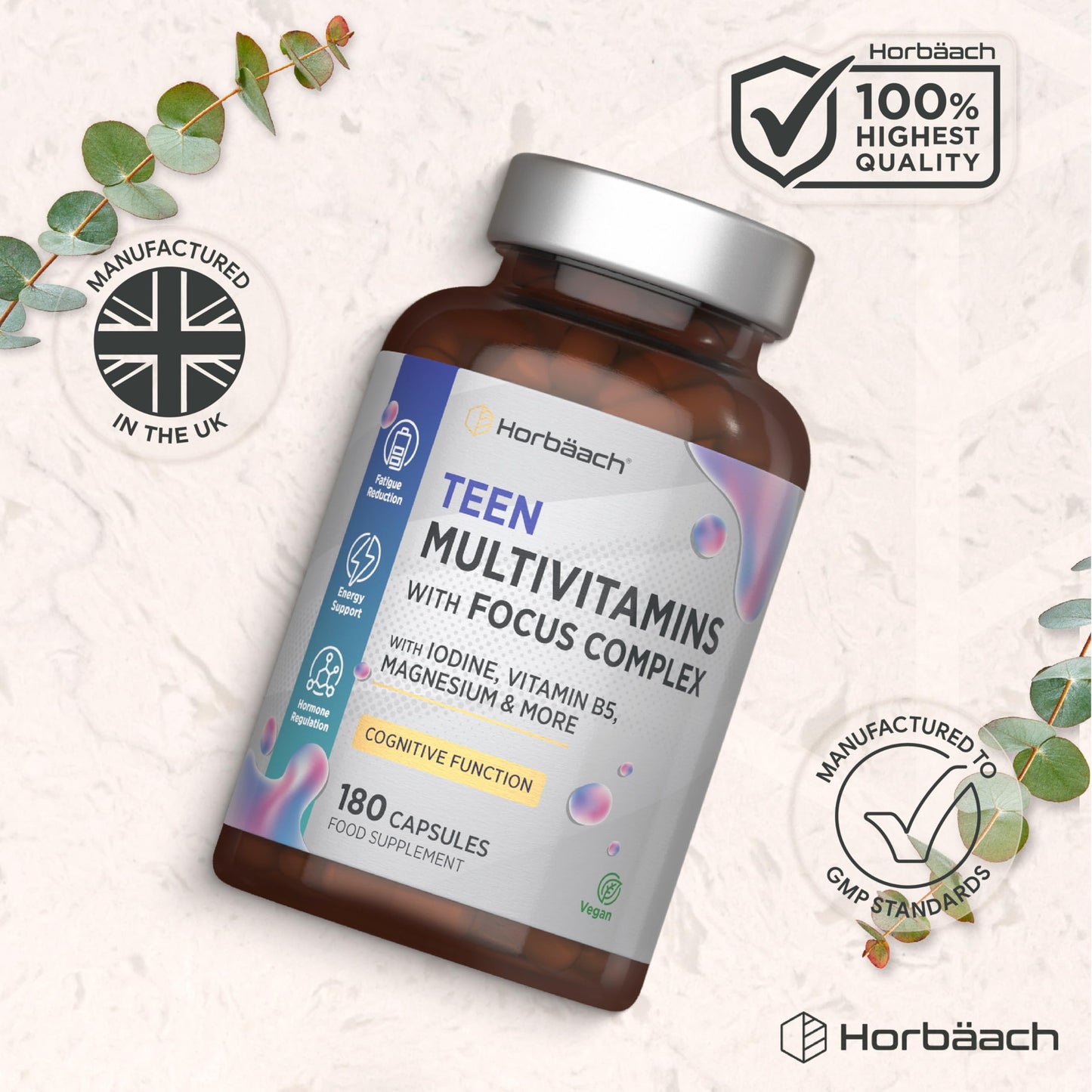 Horbäach Multivitamin Tablets for Teenagers with Focus Complex | 180 Capsules | High Strength Complex with Vitamin B6, B5, Magnesium, Iron and Zinc | Vegan Supplement for Teens 13+ | By Horbaach