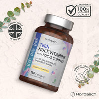 Horbäach Multivitamin Tablets for Teenagers with Focus Complex | 180 Capsules | High Strength Complex with Vitamin B6, B5, Magnesium, Iron and Zinc | Vegan Supplement for Teens 13+ | By Horbaach