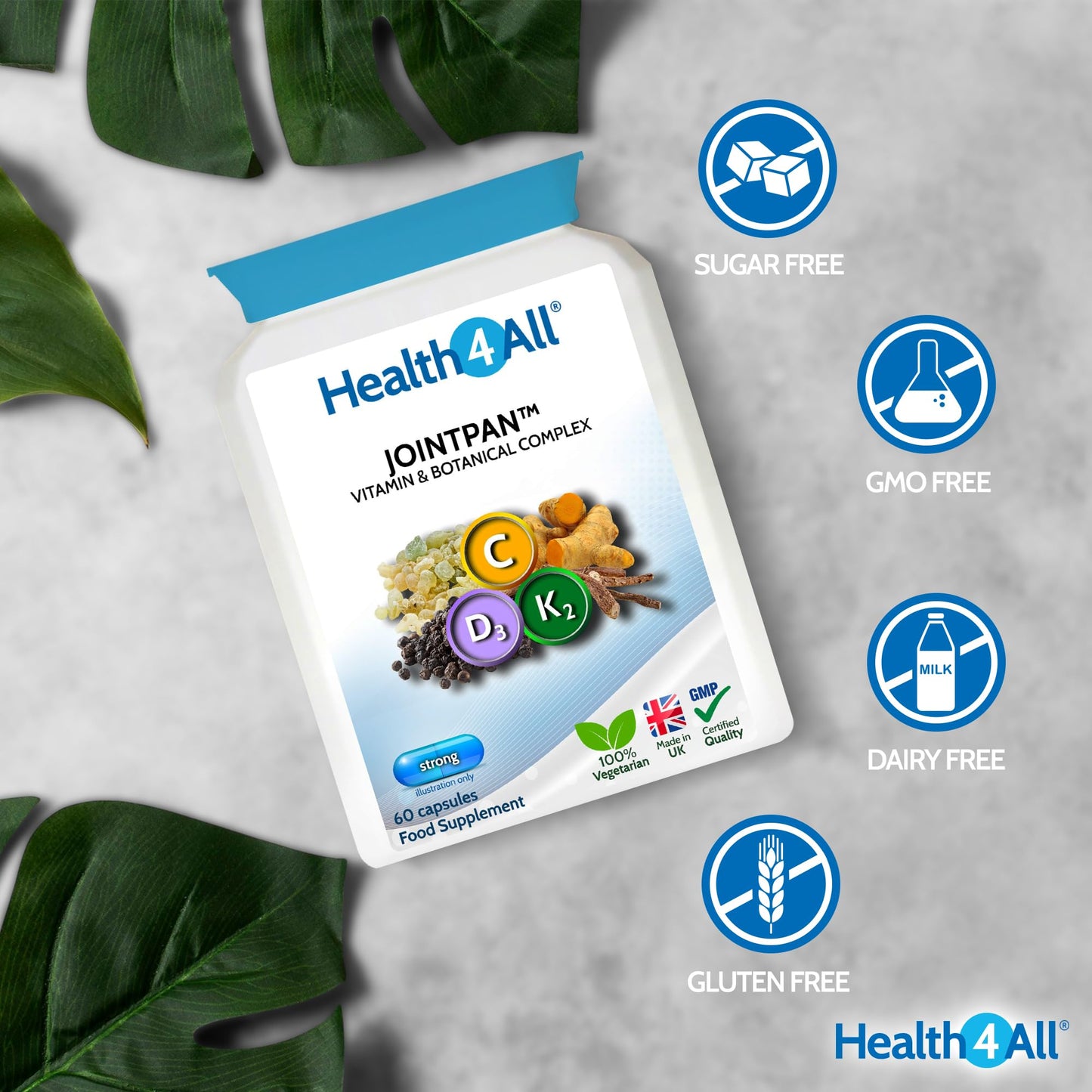 Health4All Jointpan Joint Support 60 Capsules with Boswellia Serrata, Turmeric, Ashwagandha, D3 & K2 MK-7, Strong Joint Pan, Stiffness and OA Support Supplement | Made in UK