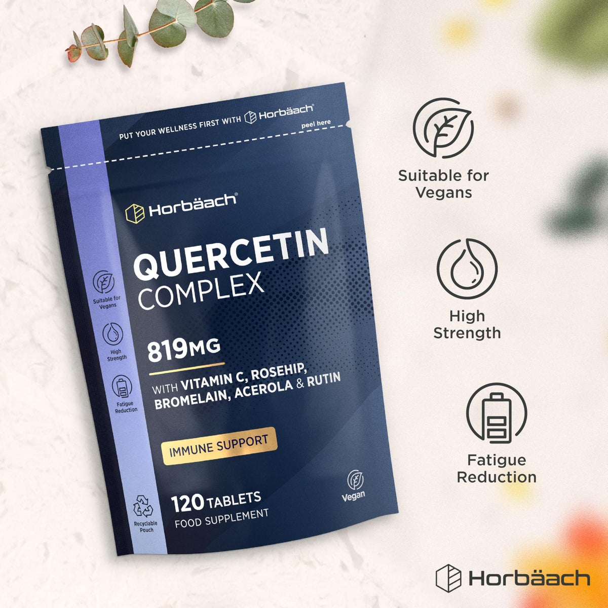 Horbäach Quercetin Supplement with Bromelain 819mg | 120 Vegan Tablets | Complex Formula Providing 519mg of Quercetin with Bromelain, Vitamin C, Rosehip, Acerola and Rutin | by Horbaach