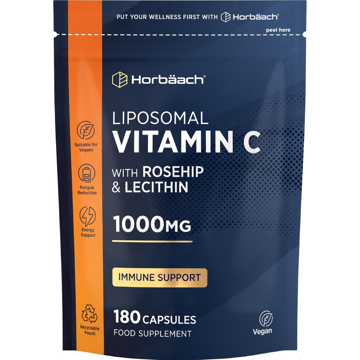 Horbäach Liposomal Vitamin C 1000mg with Rosehip | 180 Capsules | High Strength Vitamin C as Ascorbic Acid with Added Rosehip and Sunflower Lecithin | Vegan Supplement | By Horbaach