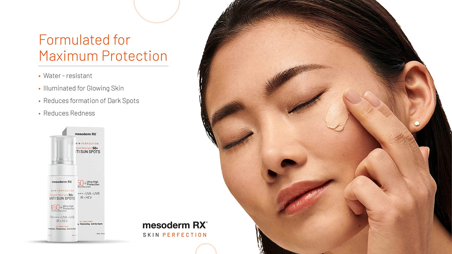 Mesoderm RX Pigment Restraint 50+ Anti Sun Spots, Protect and Nourish Face, Neck, Hands, 50ml