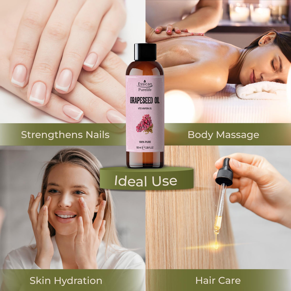 Essican Purelife 100ml Pure Grape Seed Oil for Hair, Skin & Beard, Natural Grapeseed Oil Massage Aromatherapy Body Massage Oils - Multi Use & Nourishing Scalp Moisturiser Oils with Vitamin E